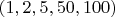 $(1, 2, 5, 50, 100)$