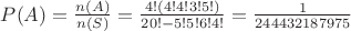 $P(A)=\frac{n(A)}{n(S)}=\frac{4!(4!4!3!5!)}{20!-5!5!6!4!}=\frac{1}{244432187975}$