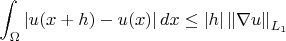 \[
\int_\Omega  {\left| {u(x + h) - u(x)} \right|dx}  \le \left| h \right|\left\| {\nabla u} \right\|_{L_1 } 
\]