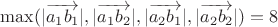$\max({|\overrightarrow{a_1 b_1}|,|\overrightarrow{a_1 b_2}|,|\overrightarrow{a_2 b_1}|,|\overrightarrow{a_2 b_2}|})=8$