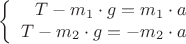 $$\left\{
\begin{array}{rcl}
T - m_1 \cdot g = m_1 \cdot a\\
T - m_2 \cdot g = - m_2 \cdot a\\
\end{array}
\right.$$