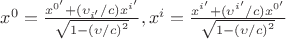 $\[{x^0} = \frac{{{x^{0'}} + ({\upsilon _{i'}}/c){x^{i'}}}}{{\sqrt {1 - {{(\upsilon /c)}^2}} }},{\rm{  }}{x^i} = \frac{{{x^{i'}} + ({\upsilon ^{i'}}/c){x^{0'}}}}{{\sqrt {1 - {{(\upsilon /c)}^2}} }}\]$