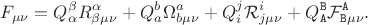 $$
F_{\mu \nu} = Q^{\beta}_{\alpha} R^{\alpha}_{\beta \mu \nu}
+ Q^{b}_{a} \Omega^{a}_{b \mu \nu}
+ Q^{j}_{i} {\mathcal R}^{i}_{j \mu \nu}
+ Q^{\tt B}_{\tt A} {\mathcal F}^{\tt A}_{{\tt B} \mu \nu}.
$$