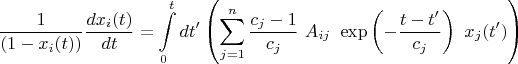 $$\frac{1}{(1-x_i(t))}\frac{dx_i(t)}{dt}=\int\limits_0^t dt' \left(\sum\limits_{j=1}^{n}\frac{c_j-1}{c_j} \ A_{ij} \ \exp \left({-\frac{t-t'}{c_j}}\right) \ x_j(t')\right)$$