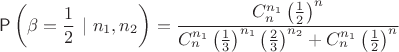 $$
\mathsf P\left(\beta=\frac12~|~n_1,n_2\right) = \dfrac{C_{n}^{n_1} \left(\frac12\right)^n}{C_{n}^{n_1} \left(\frac13\right)^{n_1}\left(\frac23\right)^{n_2}+C_{n}^{n_1} \left(\frac12\right)^n}
$$
