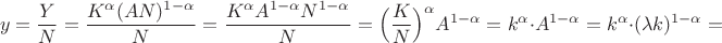 $$y=\dfrac YN=\dfrac{K^\alpha(AN)^{1-\alpha}}N=\dfrac{K^\alpha A^{1-\alpha}N^{1-\alpha}}N=\Big(\dfrac{K}{N}\Big)^\alpha A^{1-\alpha}=k^\alpha\cdot A^{1-\alpha}=k^\alpha\cdot (\lambda k)^{1-\alpha}=$$