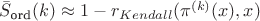 $\bar{S}_{\text{ord}}(k) \approx 1 -r_{Kendall}(\pi^{(k)}(x), x)$