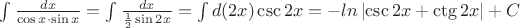 $\int{\frac{dx}{\cos x\cdot \sin x}} = \int{\frac{dx}{\frac{1}{2}\sin 2x}} = \int{d(2x)\csc 2x} = -ln\left| \csc 2x + \ctg 2x\right| + C$