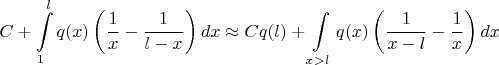 $$C + \int \limits_1^l q(x)\left (\frac{1}{x} - \frac{1}{l-x} \right )dx \approx Cq(l) + \int \limits_{x > l} q(x) \left (\frac{1}{x-l} - \frac{1}{x} \right )dx$$