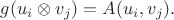 $g(u_i\otimes v_j)=A(u_i,v_j).$ $g(u_i\otimes v_j)=A(u_i,v_j).$