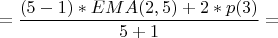 $$=\frac{(5-1) \ast EMA(2,5)+2 \ast p(3)}{5+1}=$$