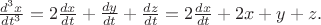 $\frac{d^3 x}{dt^3}=2\frac{dx}{dt}+\frac{dy}{dt}+\frac{dz}{dt}=2\frac{dx}{dt}+2x+y+z.$