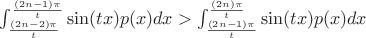 $\int_{\frac{(2n-2)\pi}{t}}^{\frac{(2n-1)\pi}{t}}\sin(tx)p(x)dx > \int_{\frac{(2n-1)\pi}{t}}^{\frac{(2n)\pi}{t}}\sin(tx)p(x)dx$