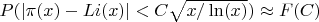 $P(|\pi(x)-Li(x)|<C\sqrt{x/\ln(x)}) \approx F(C)$
