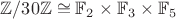 $\mathbb Z / 30 \mathbb Z \cong \mathbb F_2 \times \mathbb F_3 \times \mathbb F_5$