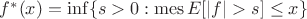 $f^\ast(x) = \inf\{s > 0: \operatorname{mes} E[|f|>s] \leq x\}$