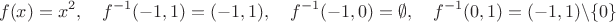 $$f(x)=x^2,\quad f^{-1}(-1,1)=(-1,1),\quad f^{-1}(-1,0)=\emptyset,\quad f^{-1}(0,1)=(-1,1)\backslash\{0\}$$