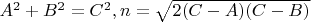 $A^2+B^2=C^2, n=\sqrt{2(C-A)(C-B)}$