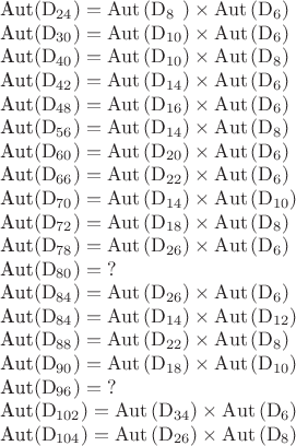 $$\begin{tabular}{l}
\mathrm{Aut}\left(\mathrm{D}_{24}\right)=\mathrm{Aut}\left(\mathrm{D}_8\;\!\;\right)\times\mathrm{Aut}\left(\mathrm{D}_6\right)\\
\mathrm{Aut}\left(\mathrm{D}_{30}\right)=\mathrm{Aut}\left(\mathrm{D}_{10}\right)\times\mathrm{Aut}\left(\mathrm{D}_6\right)\\
\mathrm{Aut}\left(\mathrm{D}_{40}\right)=\mathrm{Aut}\left(\mathrm{D}_{10}\right)\times\mathrm{Aut}\left(\mathrm{D}_8\right)\\
\mathrm{Aut}\left(\mathrm{D}_{42}\right)=\mathrm{Aut}\left(\mathrm{D}_{14}\right)\times\mathrm{Aut}\left(\mathrm{D}_6\right)\\
\mathrm{Aut}\left(\mathrm{D}_{48}\right)=\mathrm{Aut}\left(\mathrm{D}_{16}\right)\times\mathrm{Aut}\left(\mathrm{D}_6\right)\\
\mathrm{Aut}\left(\mathrm{D}_{56}\right)=\mathrm{Aut}\left(\mathrm{D}_{14}\right)\times\mathrm{Aut}\left(\mathrm{D}_8\right)\\
\mathrm{Aut}\left(\mathrm{D}_{60}\right)=\mathrm{Aut}\left(\mathrm{D}_{20}\right)\times\mathrm{Aut}\left(\mathrm{D}_6\right)\\
\mathrm{Aut}\left(\mathrm{D}_{66}\right)=\mathrm{Aut}\left(\mathrm{D}_{22}\right)\times\mathrm{Aut}\left(\mathrm{D}_6\right)\\
\mathrm{Aut}\left(\mathrm{D}_{70}\right)=\mathrm{Aut}\left(\mathrm{D}_{14}\right)\times\mathrm{Aut}\left(\mathrm{D}_{10}\right)\\
\mathrm{Aut}\left(\mathrm{D}_{72}\right)=\mathrm{Aut}\left(\mathrm{D}_{18}\right)\times\mathrm{Aut}\left(\mathrm{D}_8\right)\\
\mathrm{Aut}\left(\mathrm{D}_{78}\right)=\mathrm{Aut}\left(\mathrm{D}_{26}\right)\times\mathrm{Aut}\left(\mathrm{D}_6\right)\\
\mathrm{Aut}\left(\mathrm{D}_{80}\right)=\;?\\
\mathrm{Aut}\left(\mathrm{D}_{84}\right)=\mathrm{Aut}\left(\mathrm{D}_{26}\right)\times\mathrm{Aut}\left(\mathrm{D}_6\right)\\
\mathrm{Aut}\left(\mathrm{D}_{84}\right)=\mathrm{Aut}\left(\mathrm{D}_{14}\right)\times\mathrm{Aut}\left(\mathrm{D}_{12}\right)\\
\mathrm{Aut}\left(\mathrm{D}_{88}\right)=\mathrm{Aut}\left(\mathrm{D}_{22}\right)\times\mathrm{Aut}\left(\mathrm{D}_8\right)\\
\mathrm{Aut}\left(\mathrm{D}_{90}\right)=\mathrm{Aut}\left(\mathrm{D}_{18}\right)\times\mathrm{Aut}\left(\mathrm{D}_{10}\right)\\
\mathrm{Aut}\left(\mathrm{D}_{96}\right)=\;?\\
\mathrm{Aut}\left(\mathrm{D}_{102}\right)=\mathrm{Aut}\left(\mathrm{D}_{34}\right)\times\mathrm{Aut}\left(\mathrm{D}_6\right)\\
\mathrm{Aut}\left(\mathrm{D}_{104}\right)=\mathrm{Aut}\left(\mathrm{D}_{26}\right)\times\mathrm{Aut}\left(\mathrm{D}_8\right)\\
\end{tabular}$$