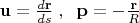$\mathbf{u}=\frac{d\mathbf{r}}{ds}\;,\;\;\mathbf{p}=-\frac {\mathbf{r}} R$