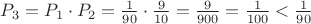 $P_3 = P_1 \cdot P_2 = \frac{1}{90} \cdot \frac{9}{10} = \frac {9}{900} =  \frac {1}{100} < \frac{1}{90}$