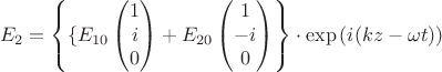 $$E_2  = \left\lbrace\lbrace E_{10}\begin{pmatrix} 
 1 \\
  i\\
0
 \end{pmatrix}+   E_{20}\begin{pmatrix}
1 \\
-i \\
0
\end{pmatrix}\right\rbrace \cdot \exp{(i(kz -\omega t))}$$