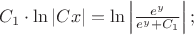 $\Ds C_1\cdot \ln|Cx|=\ln\left|\frac{e^y}{e^y+C_1}\right|;$