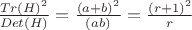 $\frac {Tr(H)^2}{Det(H)}=\frac {(a+b)^2}{(ab)}=\frac {(r+1)^2}{r}$