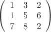 $ \left( \begin{array}{ccc} 1 & 3 & 2 \\ 1 & 5 & 6 \\ 7 & 8 & 2\end{array} \right)$