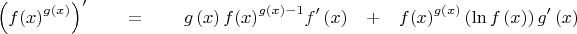 \begin{center}
\begin{multline*}
\left( f{{\left( x \right)}^{g\left( x \right)}} \right)'=g\left( x \right)f{{\left( x \right)}^{g\left( x \right)-1}}f'\left( x \right)+f{{\left( x \right)}^{g\left( x \right)}}\left( \ln f\left( x \right) \right)g'\left( x \right)
\end{multline*}
\end{center}
