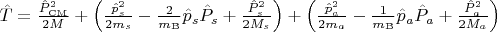 $\hat{T} = \frac{\hat{P}_\mathrm{CM}^2}{2M} + \left( \frac{\hat{p}_s^2}{2 m_s} - \frac{2}{m_\mathrm{B}}\hat{p}_s \hat{P}_s +  \frac{\hat{P}_s^2}{2 M_s}   \right) + \left( \frac{\hat{p}_a^2}{2 m_a} - \frac{1}{m_\mathrm{B}}\hat{p}_a \hat{P}_a +  \frac{\hat{P}_a^2}{2 M_a}   \right) $