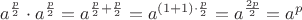 $a^{\frac{p}{2}}\cdot a^{\frac{p}{2}}=a^{\frac{p}{2}+\frac{p}{2}}=a^{(1+1)\cdot\frac{p}{2}}=a^{\frac{2p}{2}}=a^p$