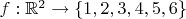 $f: \mathbb{R}^2 \to \{1,2,3,4,5,6\}$