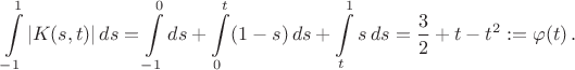 $$\int\limits_{-1}^{1} |K(s,
t)|\,ds=\int\limits_{-1}^0ds+\int\limits_{0}^t(1-s)\,ds+\int\limits_{t}^1s\,ds=\frac{3}{2}+t-t^2:=\varphi(t)\,.$$