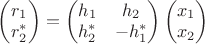 $\begin{pmatrix}r_1\\r_2^*\end{pmatrix}=\begin{pmatrix}h_1&h_2\\h_2^*&-h_1^*\end{pmatrix}\begin{pmatrix}x_1\\x_2\end{pmatrix}$