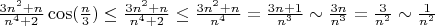 $
\frac{3n^2+n}{n^4+2} \cos(\frac{n}{3}) \le  \frac{3n^2+n}{n^4+2} \le \frac{3n^2+n}{n^4} = \frac{3n+1}{n^3} \sim \frac{3n}{n^3} = \frac{3}{n^2} \sim \frac{1}{n^2}
$