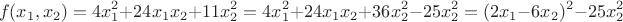 $$f(x_1,x_2)=4x_1^2+24x_1x_2+11x_2^2=4x_1^2+24x_1x_2+36x_2^2-25x_2^2=(2x_1-6x_2)^2-25x_2^2$$