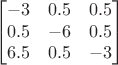 $$\qquad
\begin{bmatrix}
 -3 & 0.5 & 0.5 \\
 0.5 & -6 & 0.5 \\
 6.5 & 0.5 & -3 
\end{bmatrix}$$
