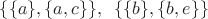 $\{\{a\},\{a,c\}\}, \;\;\{\{b\},\{b,e\}\}$