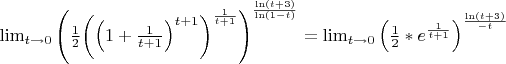 \lim_{t\to0}
       {\left(\frac{1}{2}{\left({\left(1+\frac{1}{t+1}\right)}^{t+1}\right)}^{\frac{1}{t+1}}\right)}^\frac{\ln(t+3)}{\ln(1-t)}=
\lim_{t\to0}
       {\left(\frac{1}{2}*e^{\frac{1}{t+1}}\right)}^\frac{\ln(t+3)}{-t}