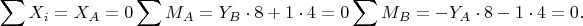 $$
\sum X_{i}=X_{A}=0\\
\sum M_{A}=Y_{B}\cdot8+1\cdot4=0\\
\sum M_{B}=-Y_{A}\cdot8-1\cdot4=0.
$