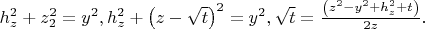 $\[h_z^2  + z_2^2  = y^2 ,h_z^2  + \left( {z - \sqrt t } \right)^2  = y^2 ,\sqrt t  = \frac{{\left( {z^2  - y^2  + h_z^2  + t} \right)}}{{2z}}.\]$