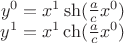 $ \begin{matrix} y^0=x^1 \sh(\frac{a}{c} x^0) \\ y^1=x^1 \ch(\frac{a}{c} x^0 )  \end{matrix}$