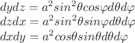 \begin{array}{l}
dydz = a^2 sin^2{\theta} cos{\varphi} d\theta d\varphi\\
dzdx = a^2 sin^2 {\theta} sin {\varphi} d\theta d\varphi \\
dxdy = a^2 cos {\theta} sin {\theta} d\theta d\varphi 
\end{array}
