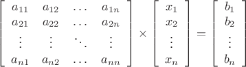 \[
\begin{gathered}
\left[ {\begin{array}{*{20}c}
   {a_{11}} & {a_{12}} & \dots & {a_{1n}}  \\
   {a_{21}} & {a_{22}} & \dots & {a_{2n} }  \\
   \vdots & \vdots & \ddots & \vdots  \\
   {a_{n1}} & {a_{n2}} & \dots & {a_{nn}}  \\

 \end{array} } \right] \times \left[ {\begin{array}{*{20}c}
   {x_1}\\
   {x_2}\\
   \vdots\\
   {x_n}\\

 \end{array} } \right] = \left[ {\begin{array}{*{20}c}
   {b_1}\\
   {b_2}\\
   \vdots\\
   {b_n}\\

\end{array} } \right] \\ 
\end{gathered} 
\]