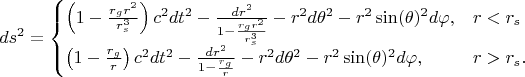$$
ds^2 = 
\begin{cases}
\left( 1 - \frac{r_g r^2}{r^3_s} \right) c^2 dt^2 - \frac{dr^2}{1 - \frac{r_g r^2}{r^3_s} } - r^2 d\theta^2 - r^2 \sin(\theta)^2 d\varphi, & r < r_s \\
\left( 1 - \frac{r_g}{r} \right) c^2 dt^2 - \frac{dr^2}{ 1 - \frac{r_g}{r} } - r^2 d\theta^2 - r^2 \sin(\theta)^2 d\varphi, & r > r_s.
\end{cases}
$$