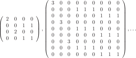 $$
\left(
\begin{array}{cccc}
 2 & 0 & 0 & 0 \\
 0 & 0 & 1 & 1 \\
 0 & 2 & 0 & 0 \\
 0 & 0 & 1 & 1 \\
\end{array}
\right),
\left(
\begin{array}{ccccccccc}
 3 & 0 & 0 & 0 & 0 & 0 & 0 & 0 & 0 \\
 0 & 0 & 0 & 1 & 1 & 1 & 0 & 0 & 0 \\
 0 & 0 & 0 & 0 & 0 & 0 & 1 & 1 & 1 \\
 0 & 3 & 0 & 0 & 0 & 0 & 0 & 0 & 0 \\
 0 & 0 & 0 & 1 & 1 & 1 & 0 & 0 & 0 \\
 0 & 0 & 0 & 0 & 0 & 0 & 1 & 1 & 1 \\
 0 & 0 & 3 & 0 & 0 & 0 & 0 & 0 & 0 \\
 0 & 0 & 0 & 1 & 1 & 1 & 0 & 0 & 0 \\
 0 & 0 & 0 & 0 & 0 & 0 & 1 & 1 & 1 \\
\end{array}
\right), \ldots
$$