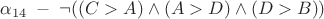 $\alpha_{14} \; - \; \neg ((C>A) \wedge (A>D) \wedge (D>B))$ $\alpha_{14} \; - \; \neg ((C>A) \wedge (A>D) \wedge (D>B))$