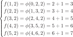 $\begin{cases}
f( 1,2 )=\phi(0 ,2  ,2  )= 2 + 1 = 3 \\
f(2 ,2 )=\phi( 1, 3 , 2 )= 3 + 1 =4  \\
f( 3,2 )=\phi( 2, 4 , 2 )= 4 + 1 =5  \\
f( 4,2 )=\phi( 3, 5 , 2 )= 5 + 1 =6  \\
f( 5,2 )=\phi( 4, 6 , 2 )= 6 +1  =7  \\
\end{cases}
$