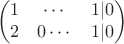 $$
\begin{pmatrix}
1 & \cdots & 1 | 0 \\
2 & 0 \cdots & 1 | 0 
\end{pmatrix}
$$